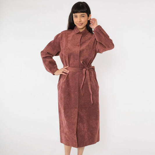 70s Halston Ultrasuede Trench Jacket Burnt Rose Belted Midi Large