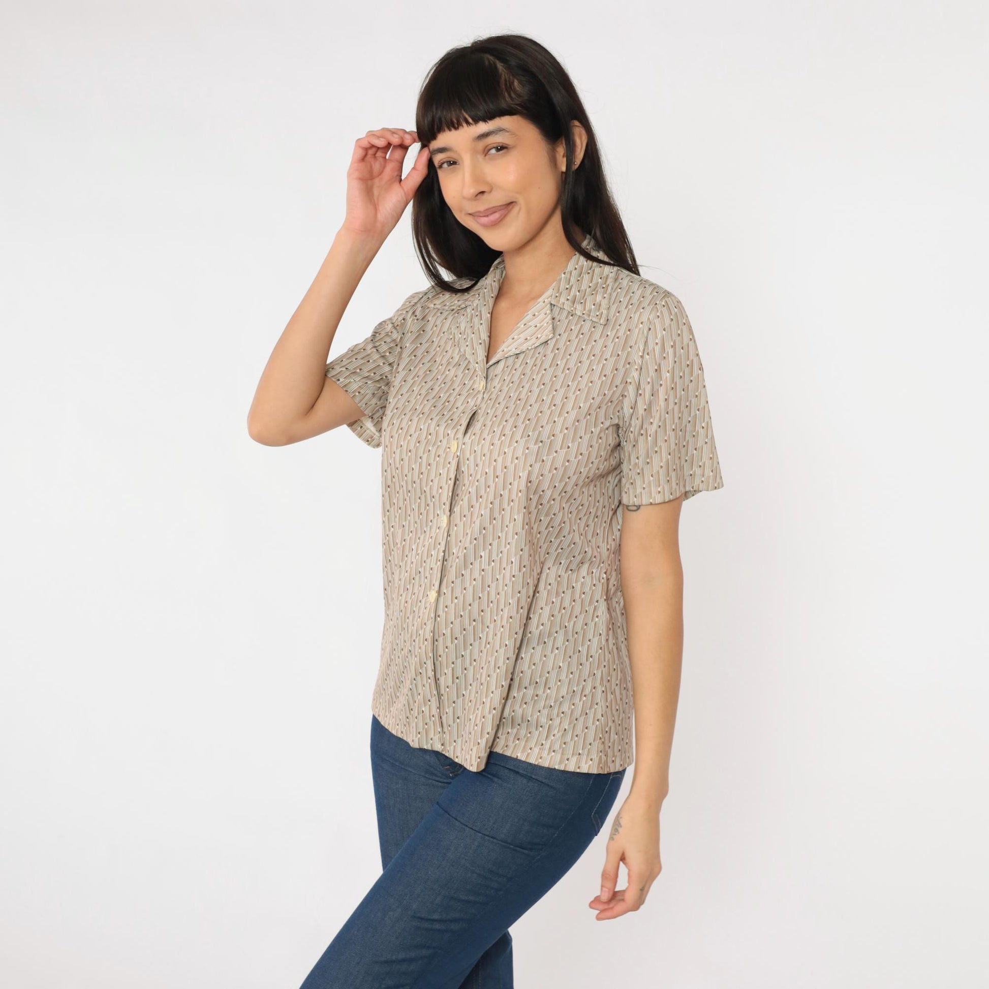 70s Op Art Geometric Blouse White Brown Disco Shirt Short Sleeve Medium