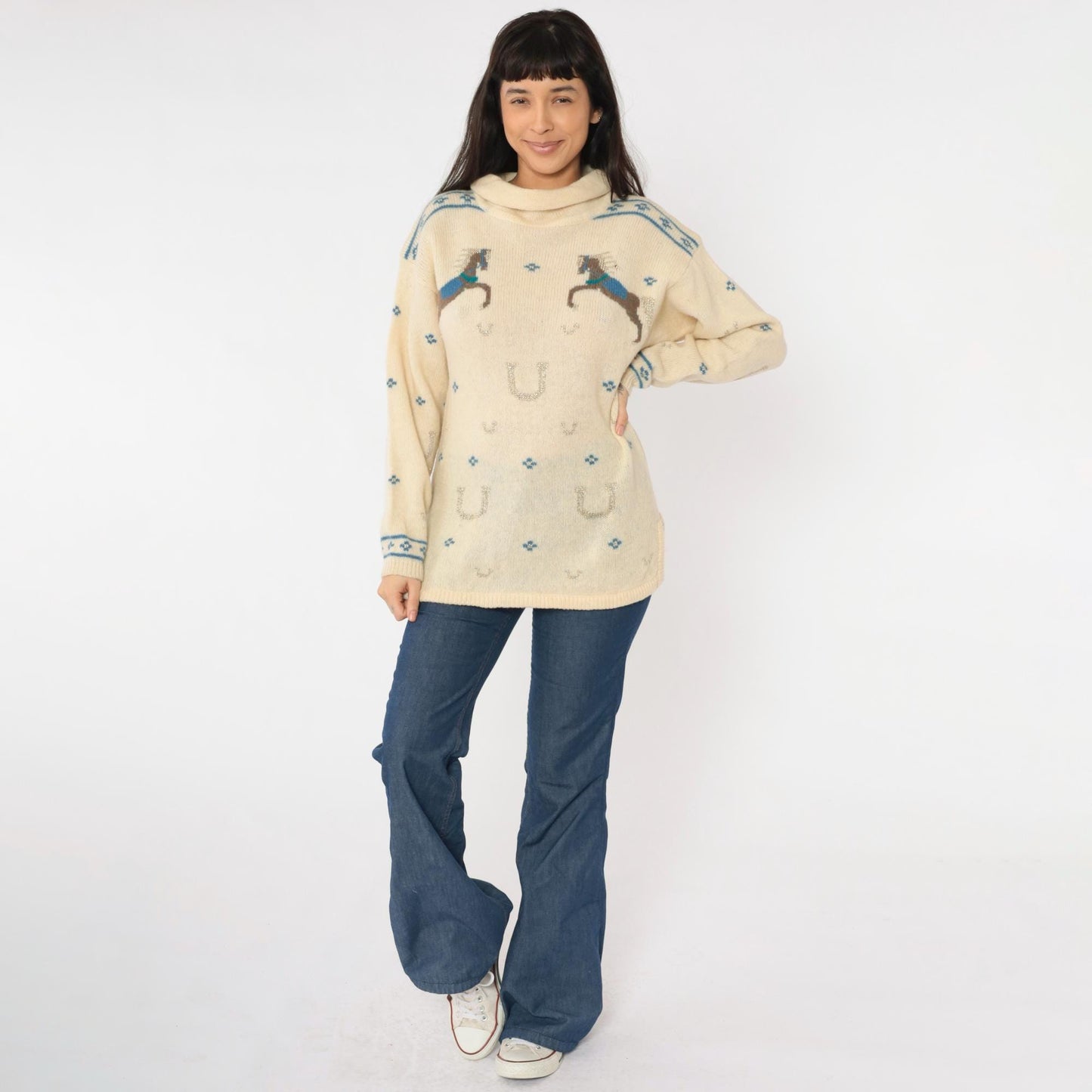 80s Kristin for Millers Wool Horse Sweater Cream Mock Neck Equestrian Medium