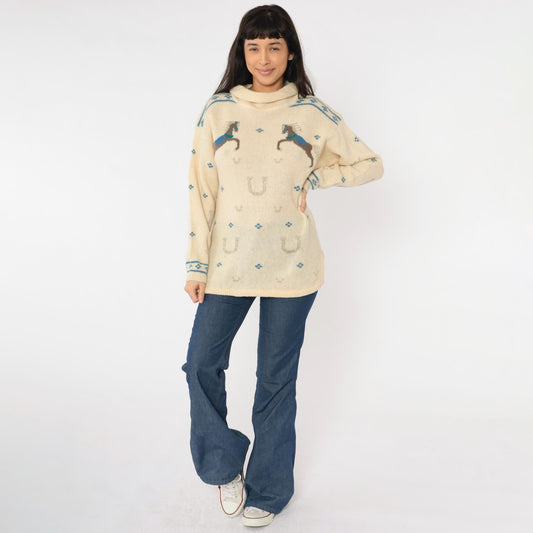 80s Kristin for Millers Wool Horse Sweater Cream Mock Neck Equestrian Medium