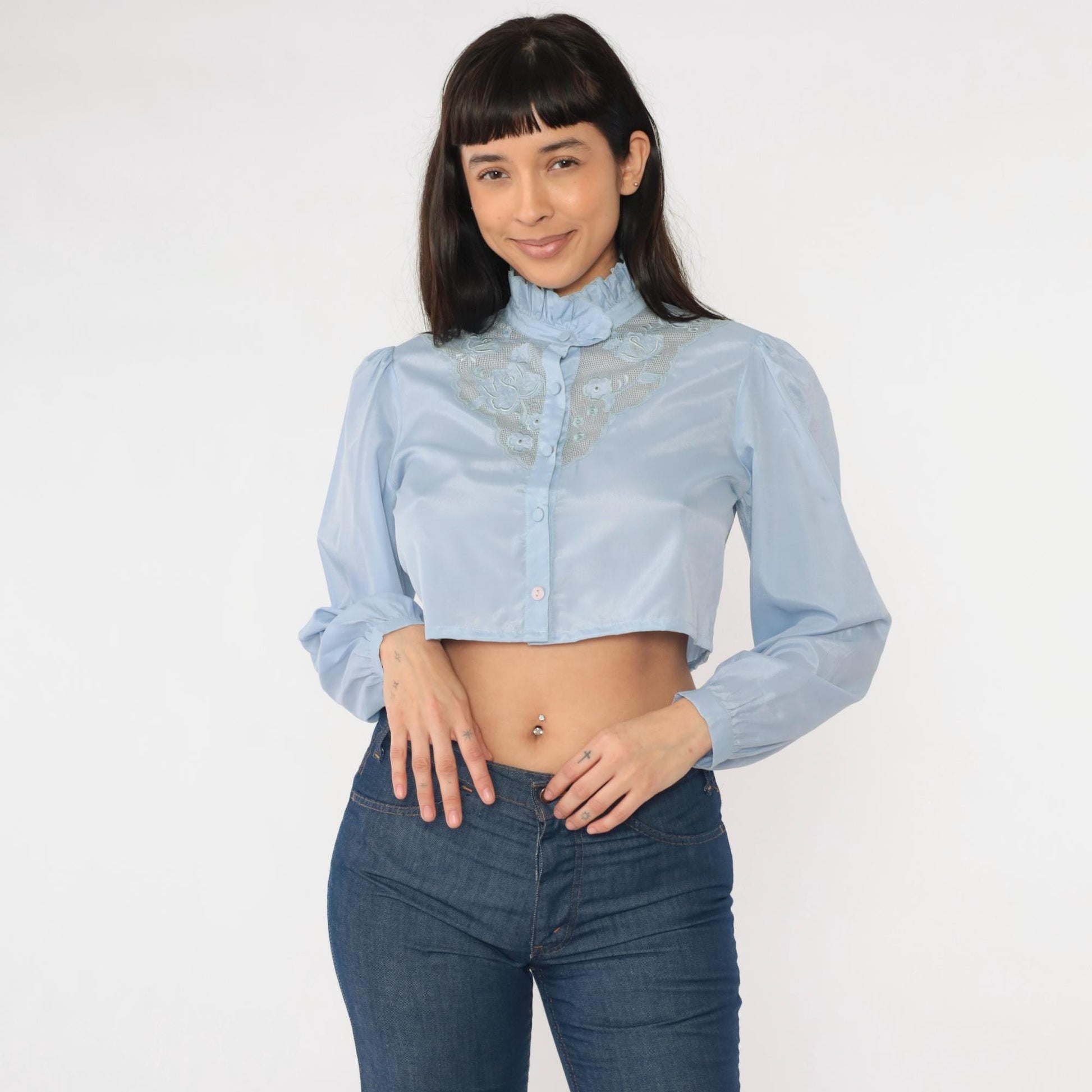 80s Light Blue Victorian Crop Top Puff Sleeve Button Up Blouse Small Medium
