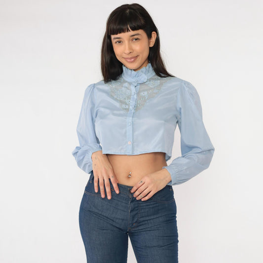 80s Light Blue Victorian Crop Top Puff Sleeve Button Up Blouse Small Medium