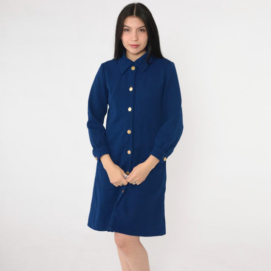 70s Mod Navy Mini Shift Dress Pointed Collar Long Sleeve Button Up Small Medium