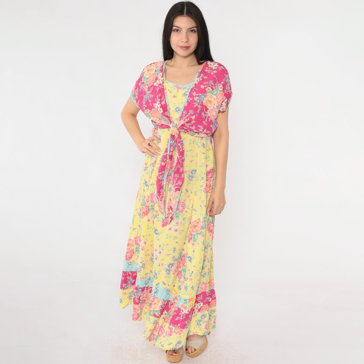 90s Bila Floral Maxi Dress Yellow Pink Rayon Tie Overlay Scoop Neck Large L