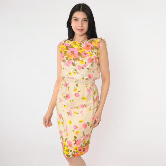 60s Pat Sandler Floral Sequin Cocktail Dress Cream Pink Yellow Extra Small