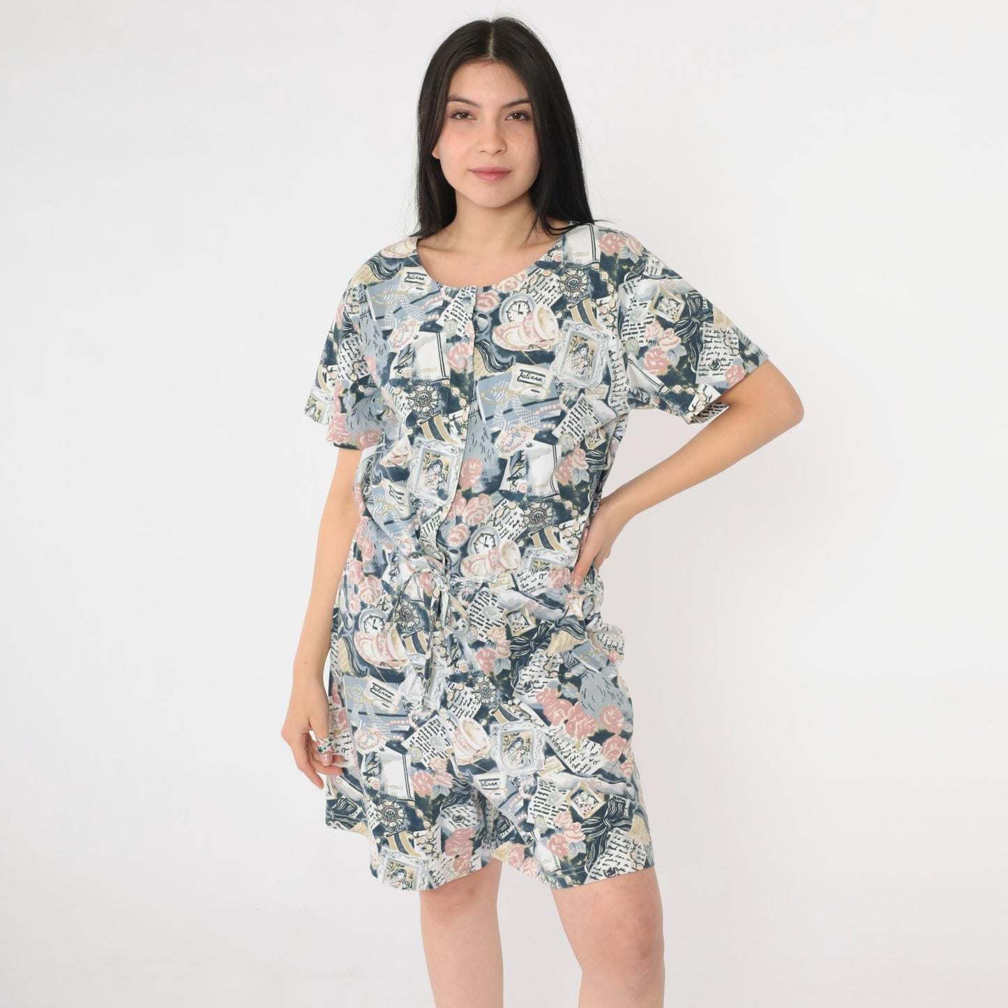 90s Abstract Print Romper Teacup Newspaper Button Front Drawstring Medium M