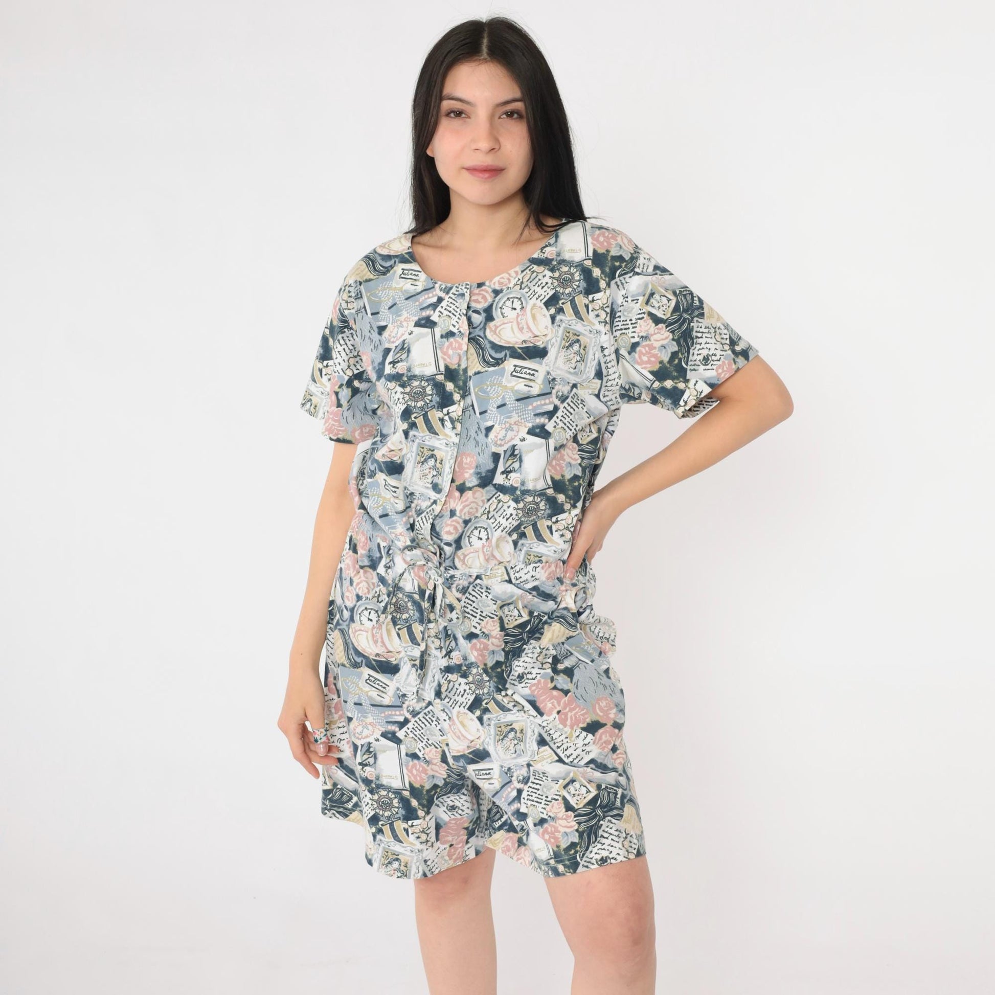 90s Abstract Print Romper Teacup Newspaper Button Front Drawstring Medium M