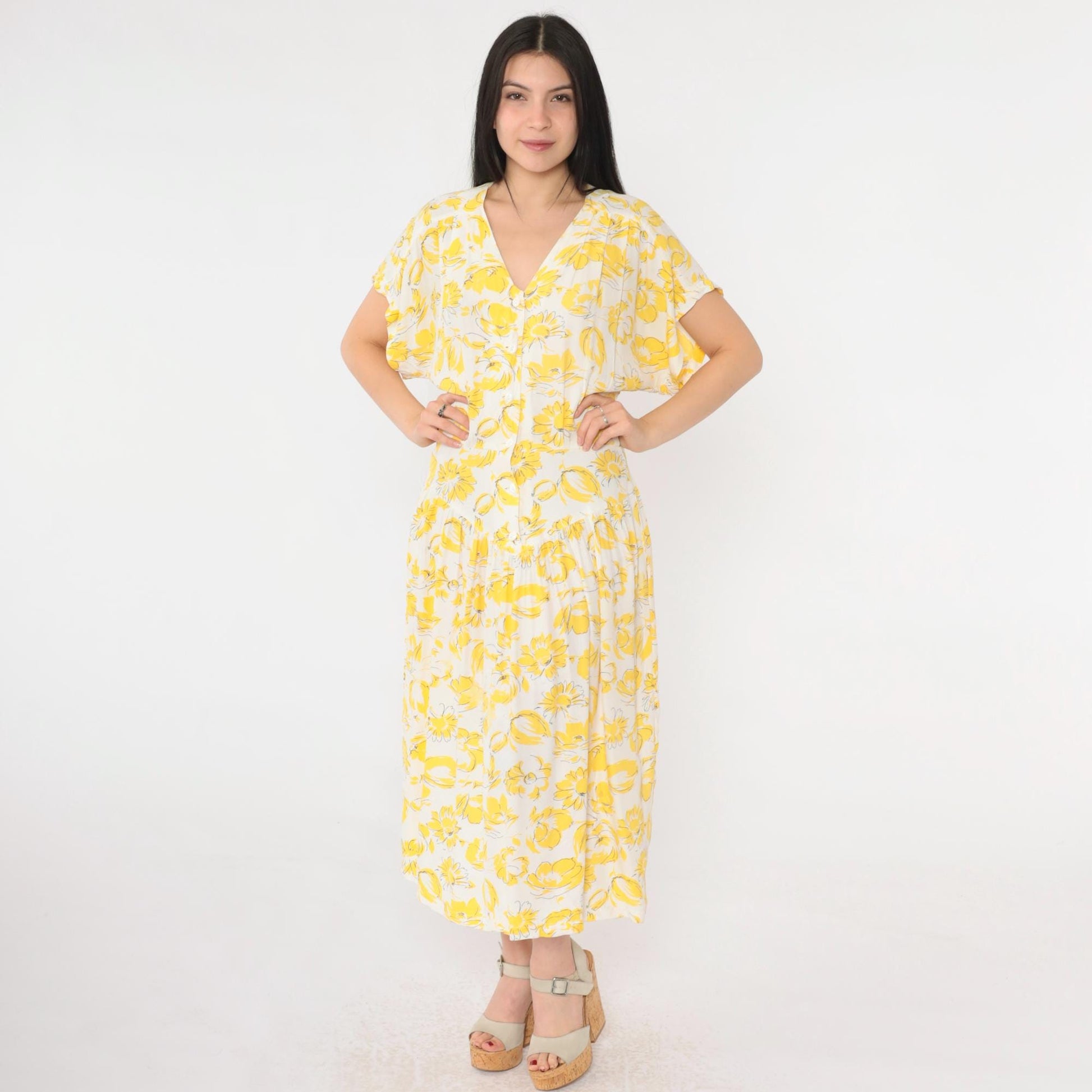 80s E.D. Michaels Yellow Floral Drop Waist Midi Dress V Neck Button Front Small