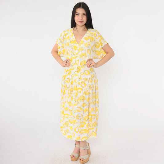 80s E.D. Michaels Yellow Floral Drop Waist Midi Dress V Neck Button Front Small