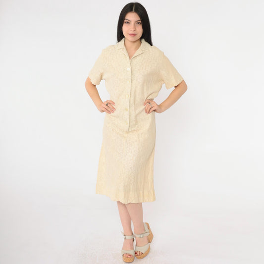 60s Cream Lace Shift Dress Button Front Knee Length Short Sleeve Medium M