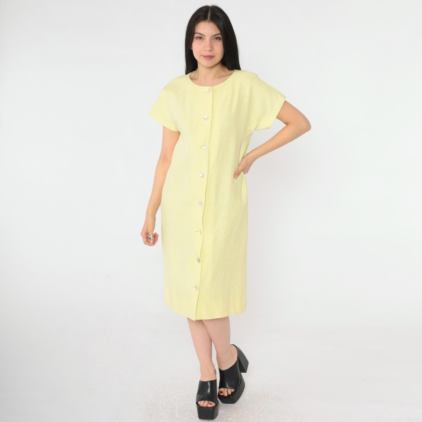 90s Yellow Linen-Look Button-Up Shift Dress Short Sleeve Small S