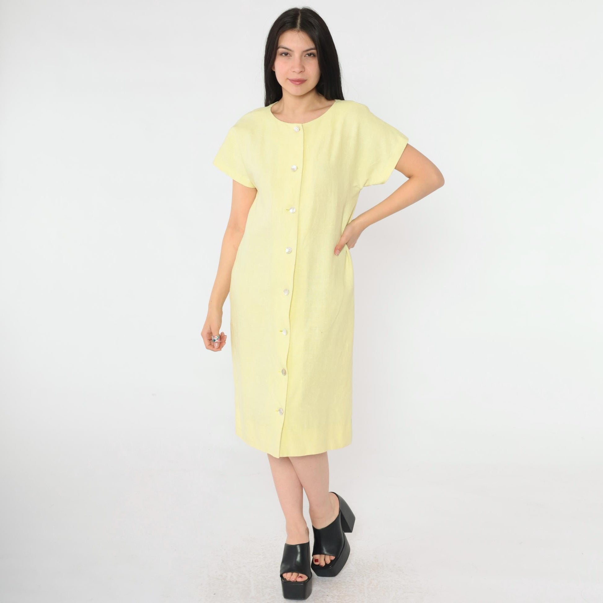90s Yellow Linen-Look Button-Up Shift Dress Short Sleeve Small S