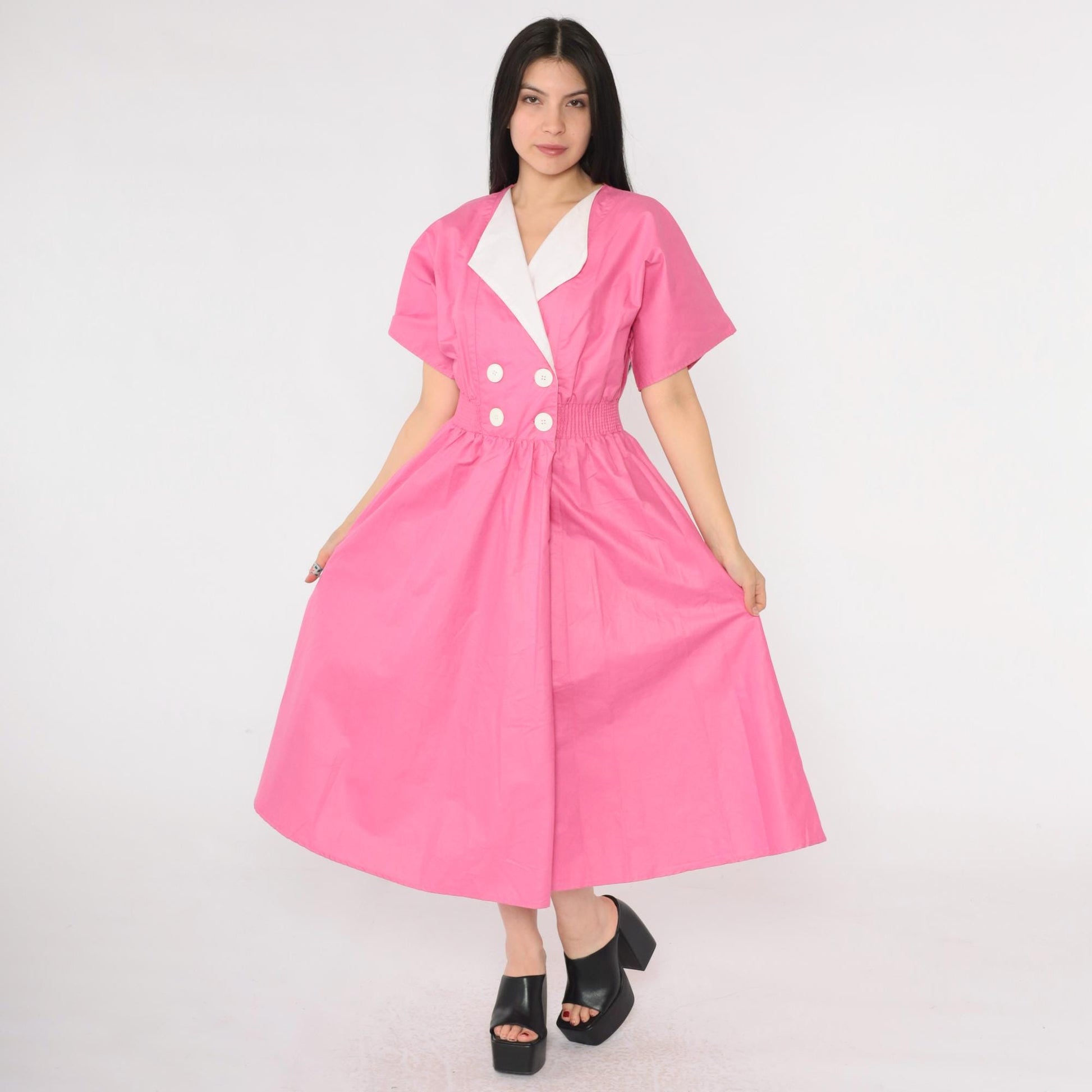 80s Pink Poplin Midi Dress White Lapel Double Breasted Elastic Waist Small