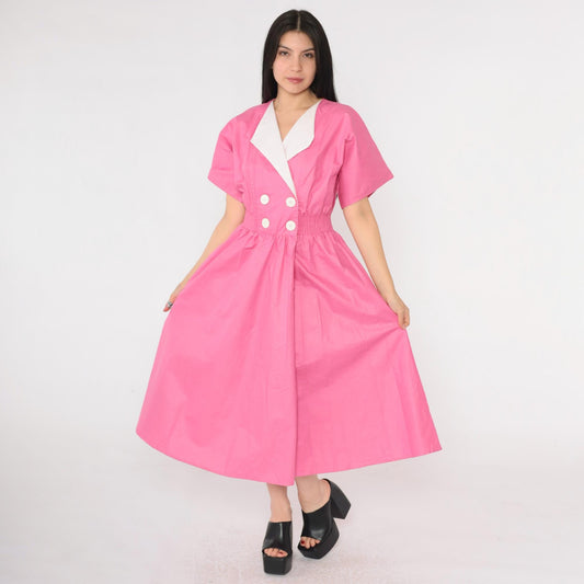 80s Pink Poplin Midi Dress White Lapel Double Breasted Elastic Waist Small