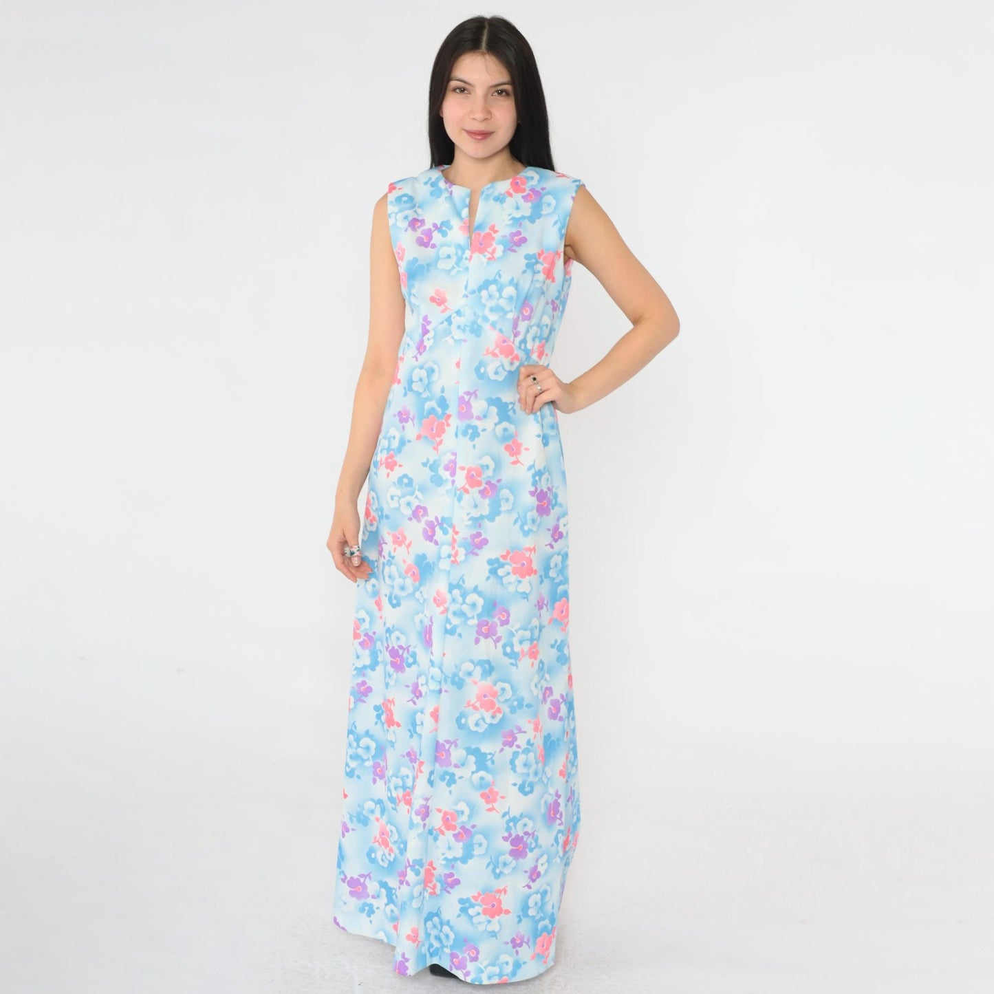 70s Floral Maxi Dress Blue Pink Botanical Print High Waist Slit Neck Small Medium