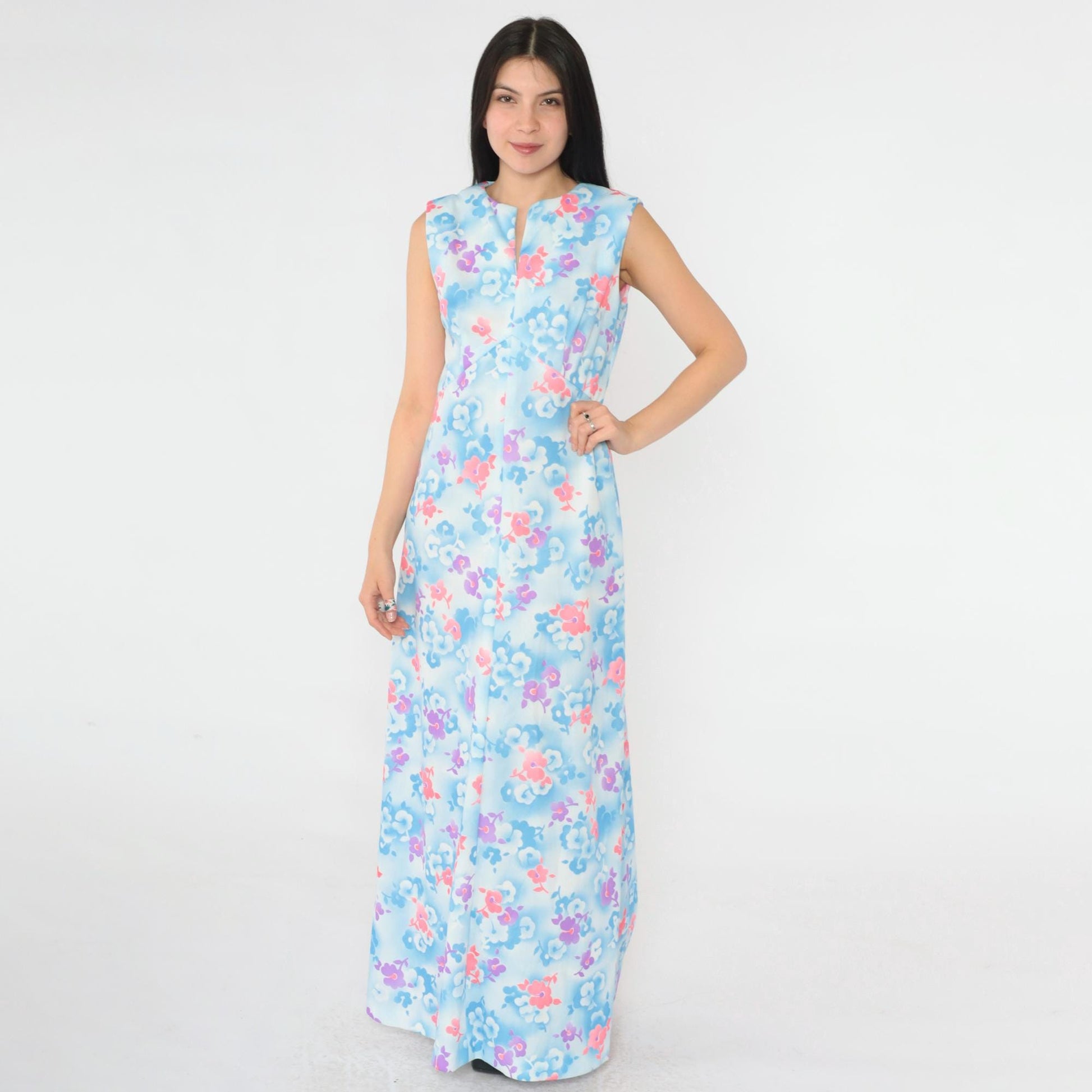 70s Floral Maxi Dress Blue Pink Botanical Print High Waist Slit Neck Small Medium