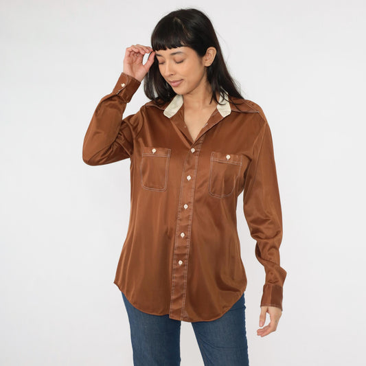 70s Mohawk Brown Dagger Collar Shirt Topstitch Long Sleeve Large