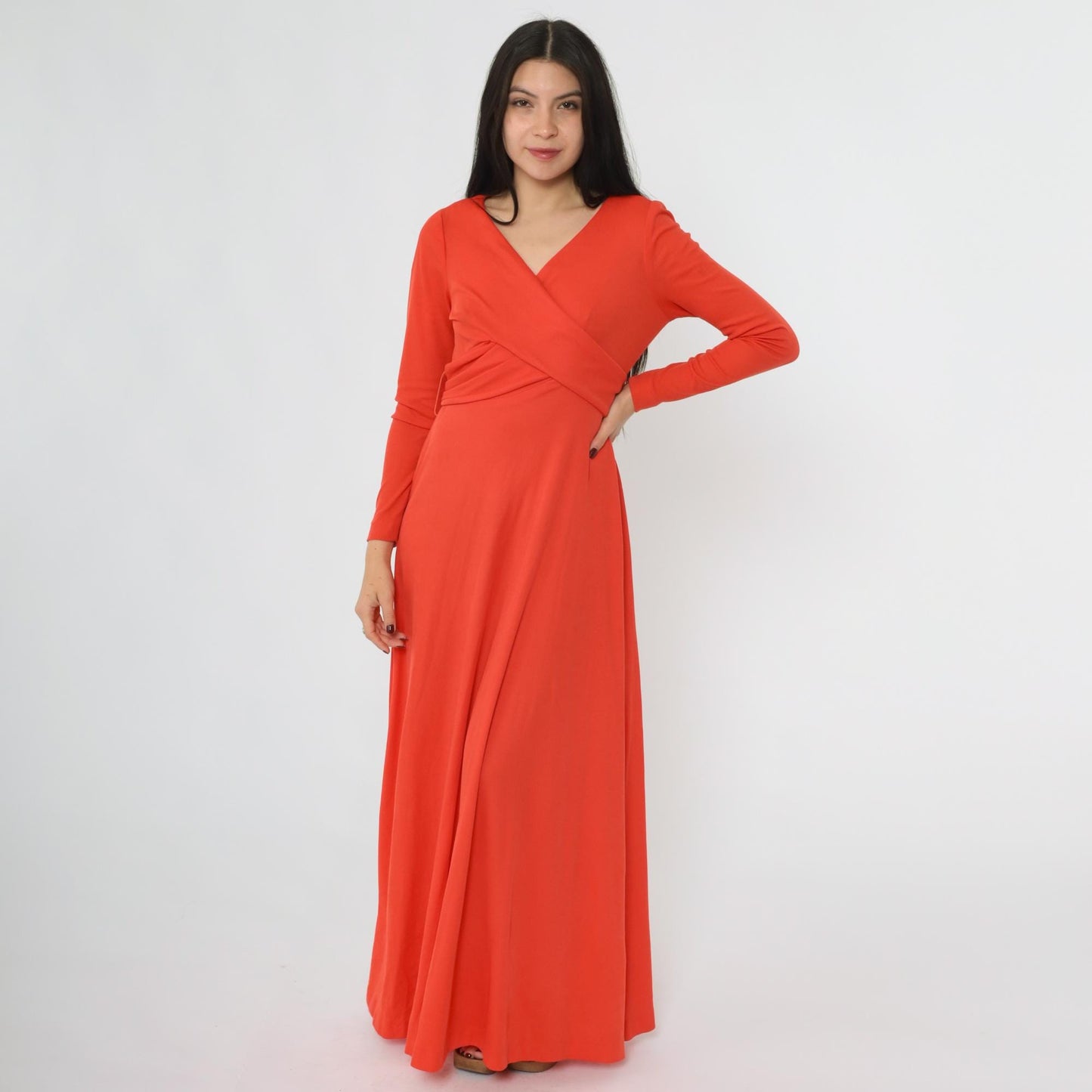 70s Grecian Maxi Dress Red-Orange Wrap Front V-Neck Long Sleeve Medium