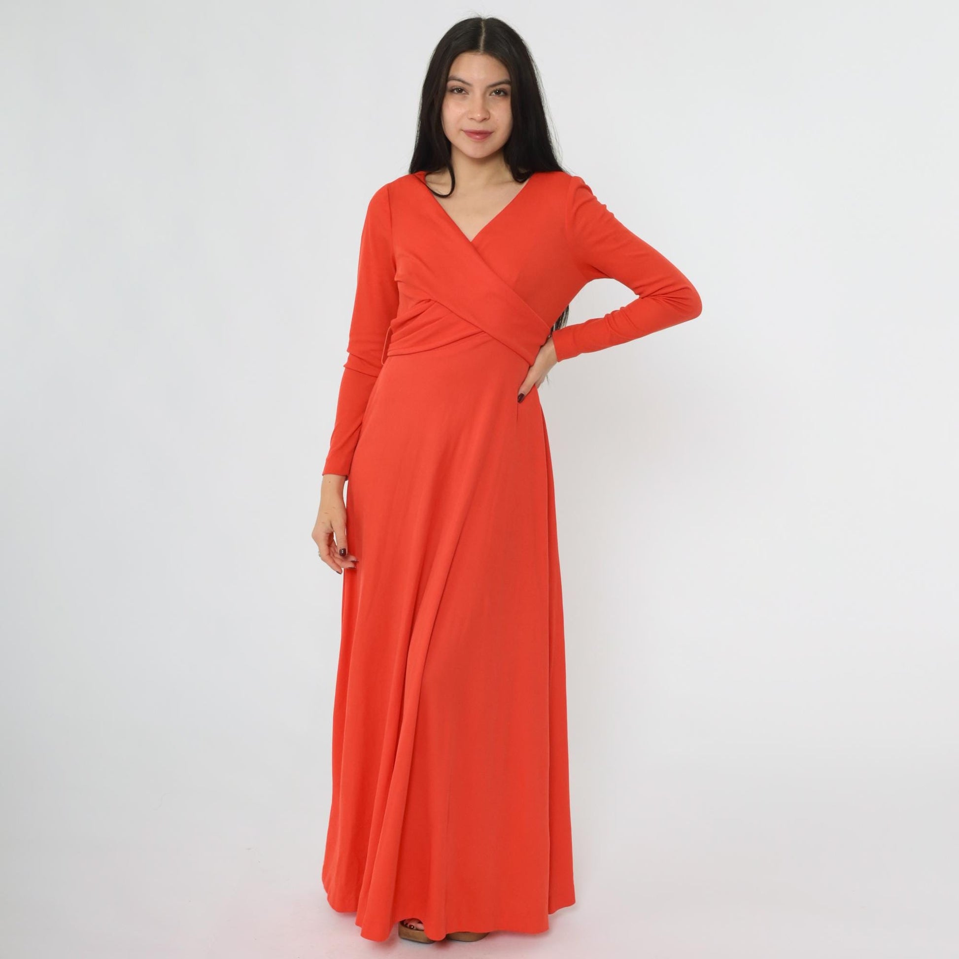 70s Grecian Maxi Dress Red-Orange Wrap Front V-Neck Long Sleeve Medium