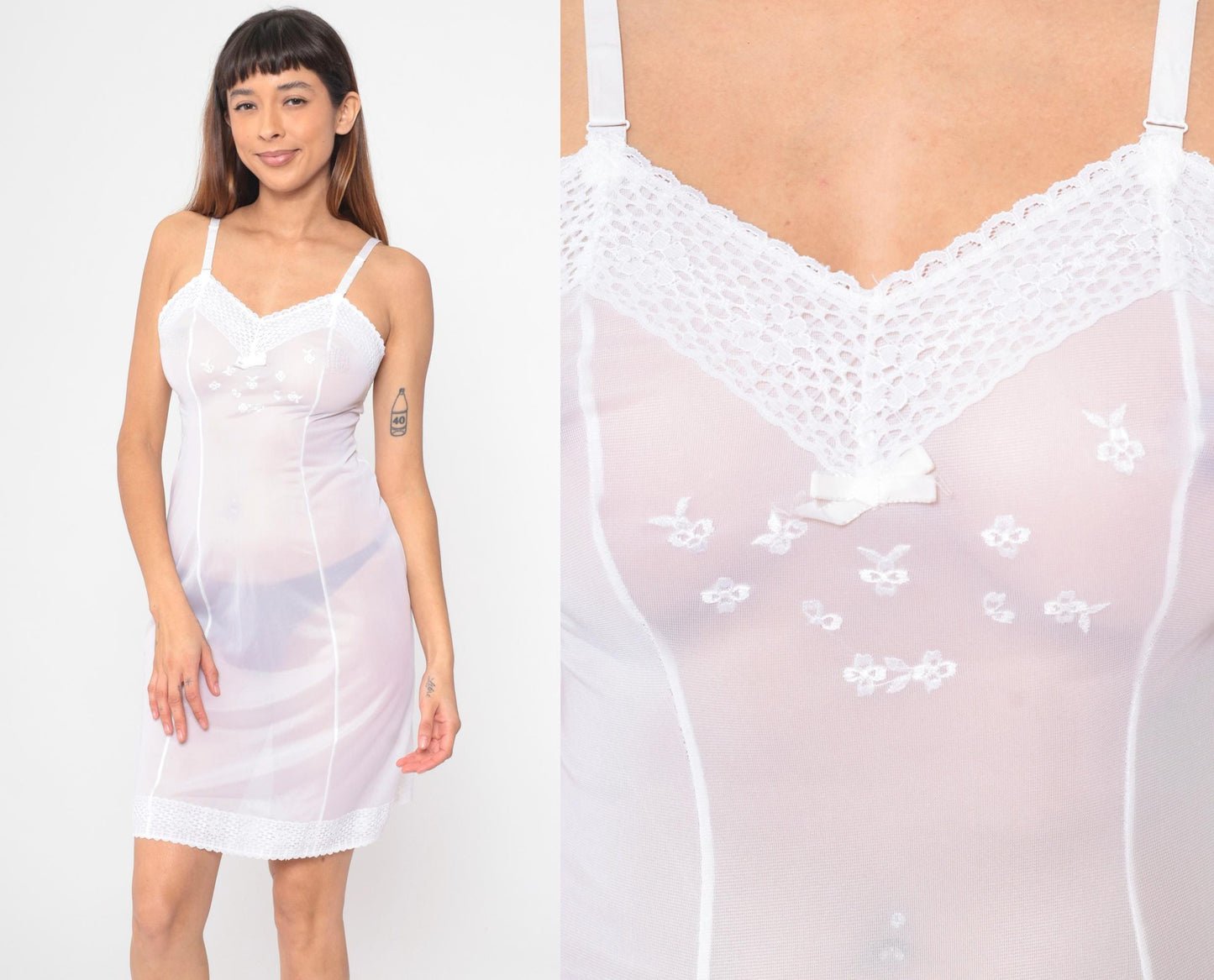 70s White Sheer Slip Dress Lace Trim Floral Embroidered Spaghetti Strap Mini Small