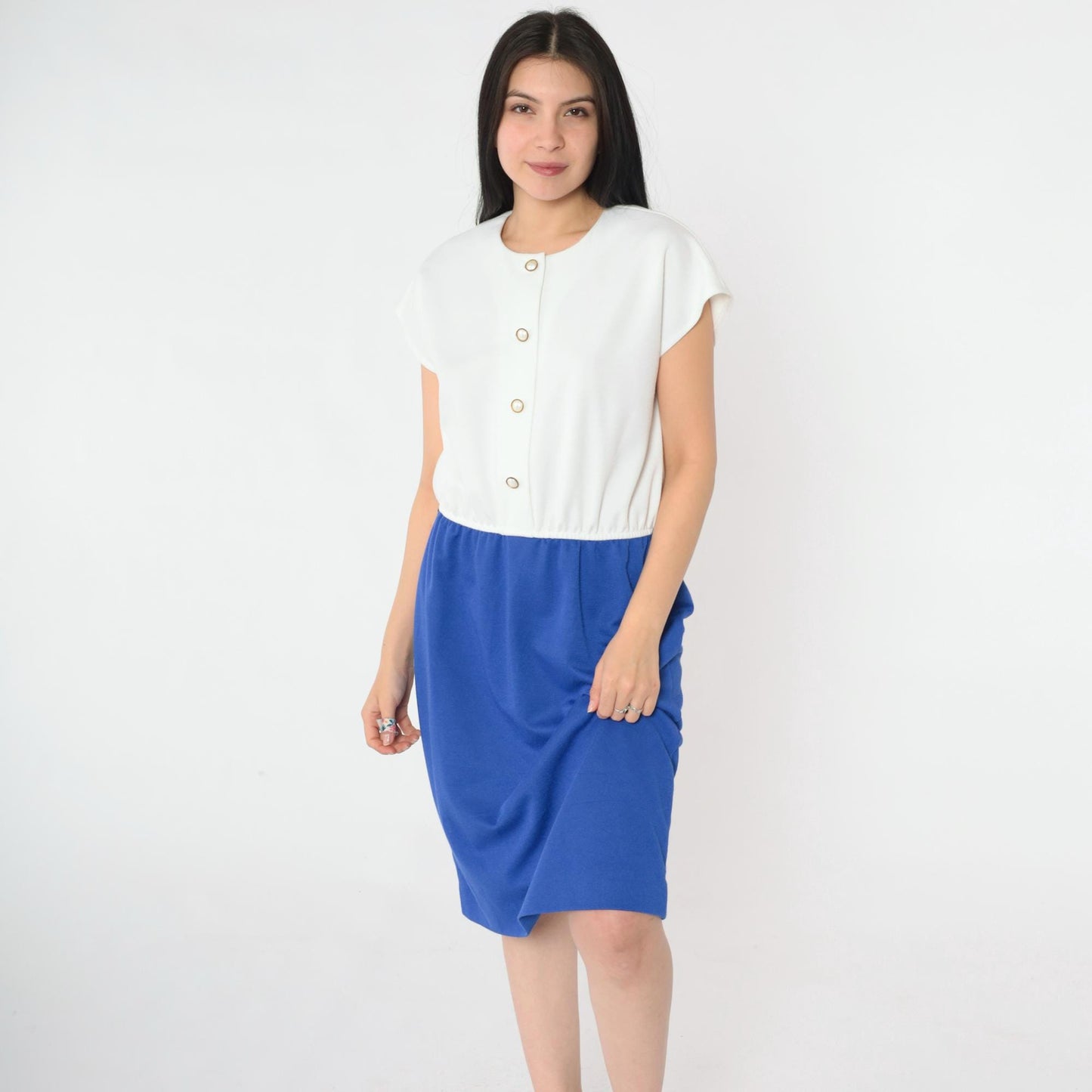 80s Leslie Fay Two-Tone Button-Up Midi Shirtdress Blue White Medium