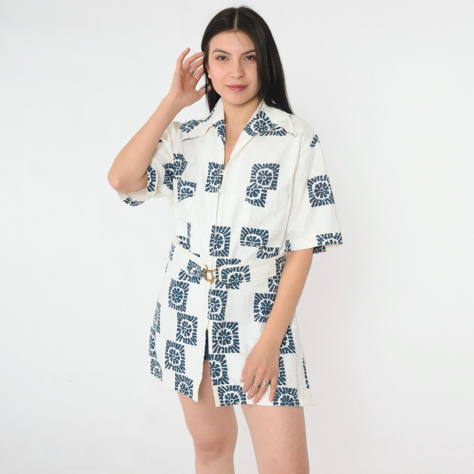 70s Iolani Hawaii Navy Sunburst Cotton Zip Shirt Geometric Print Large