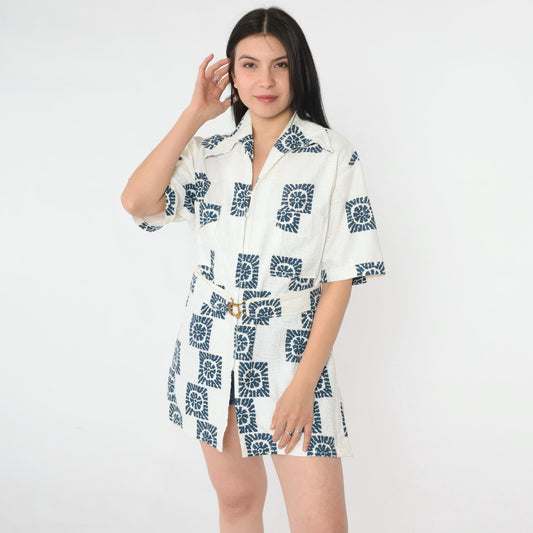 70s Iolani Hawaii Navy Sunburst Cotton Zip Shirt Geometric Print Large