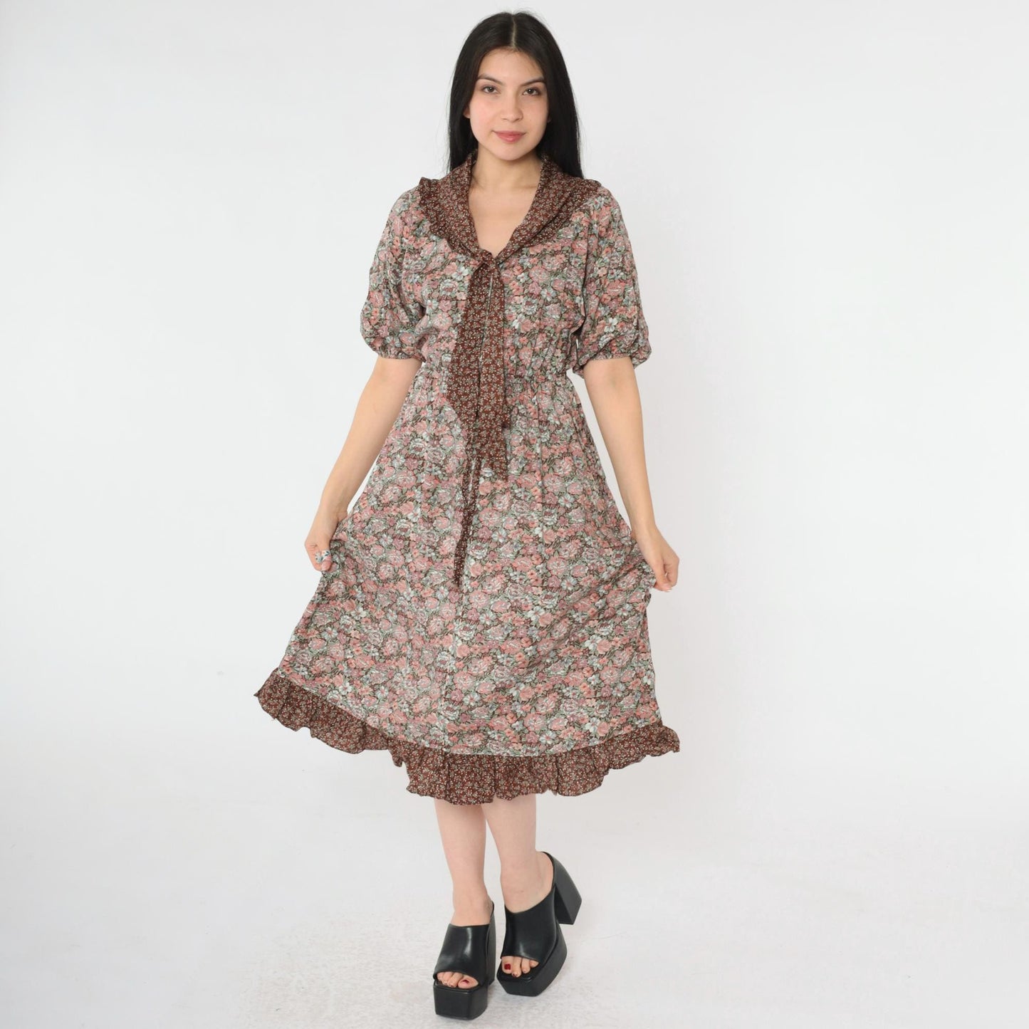 70s Oops California Floral Peasant Midi Dress Brown Pink Necktie Small