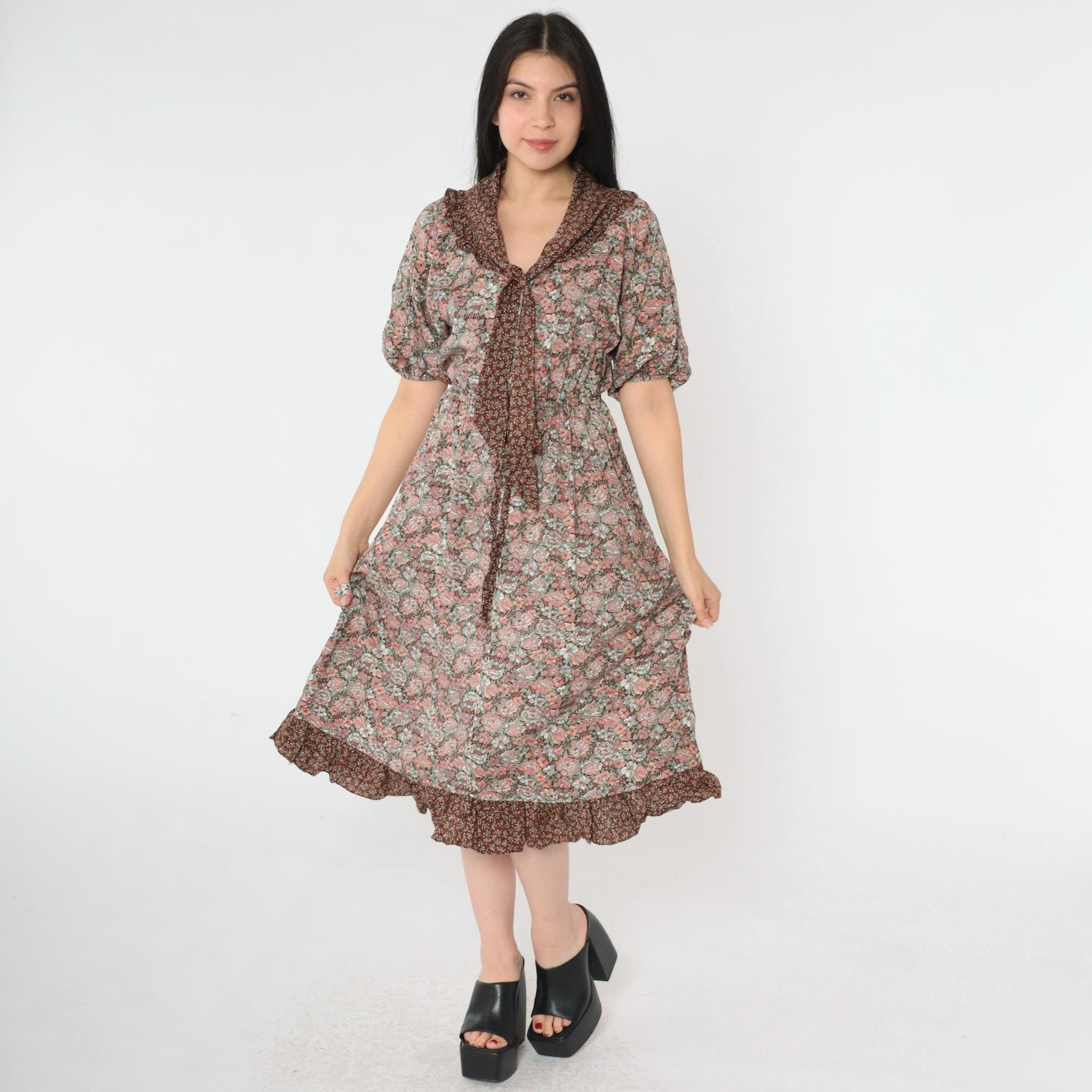 70s Oops California Floral Peasant Midi Dress Brown Pink Necktie Small