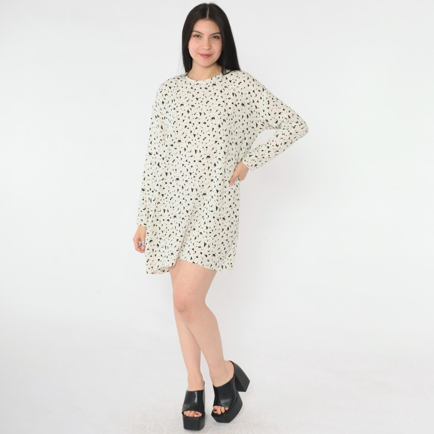 80s Evan-Picone Geometric Confetti Mini Dress Long Sleeve White Black Medium Large