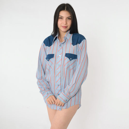 70s Western Shirt Blue Orange Striped Pearl Snap Dagger Collar Men's Medium