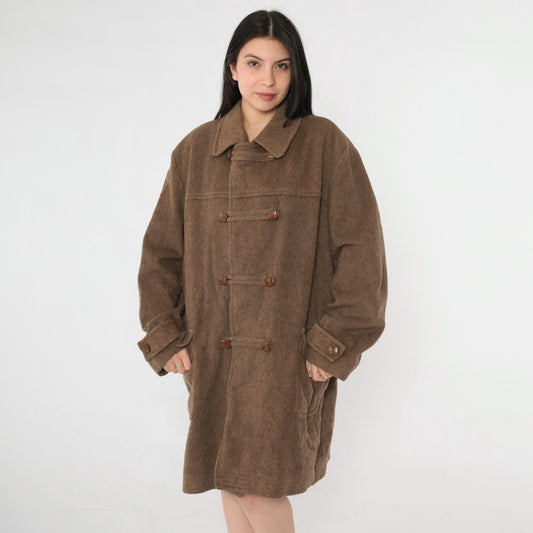 70s Loden King Alpine Wool Duffle Coat Brown Toggle Button Overcoat XL