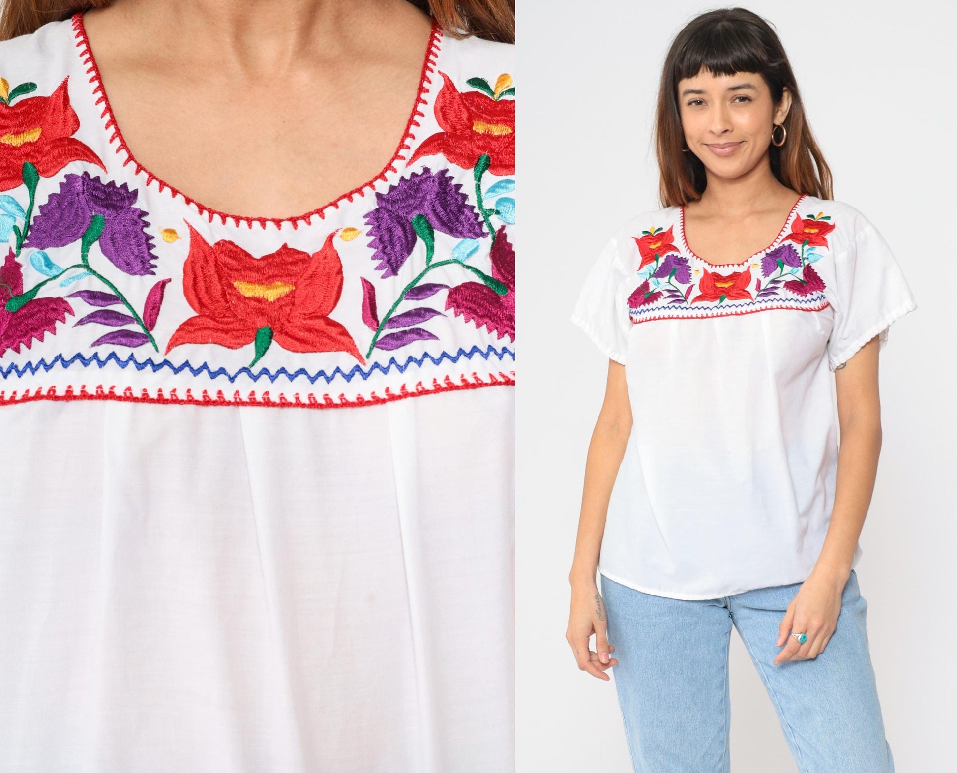 90s Mexican Floral Embroidered Blouse White Short Sleeve Small