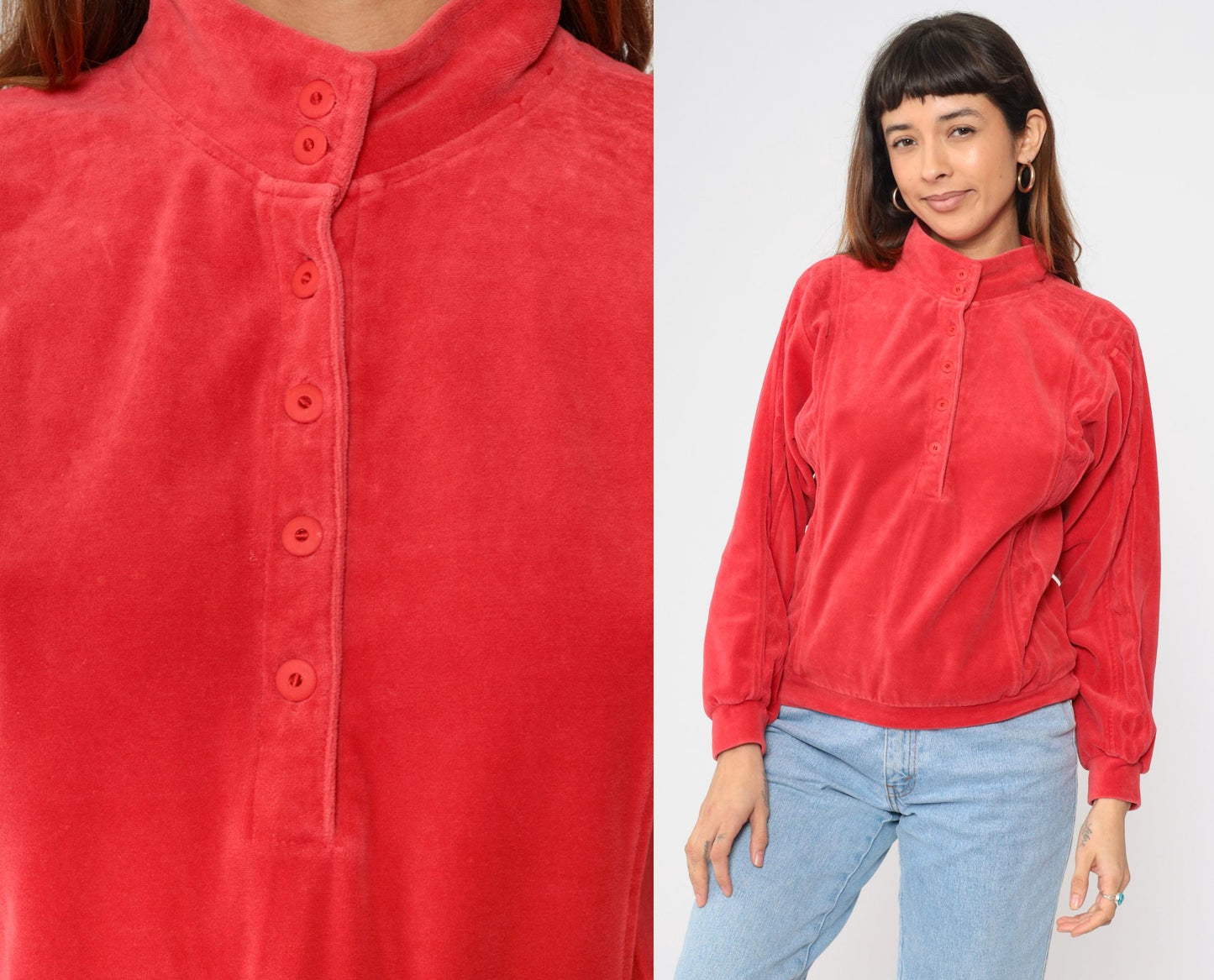 80s Red Velour Mock Neck Sweatshirt Button Front Pullover Medium M