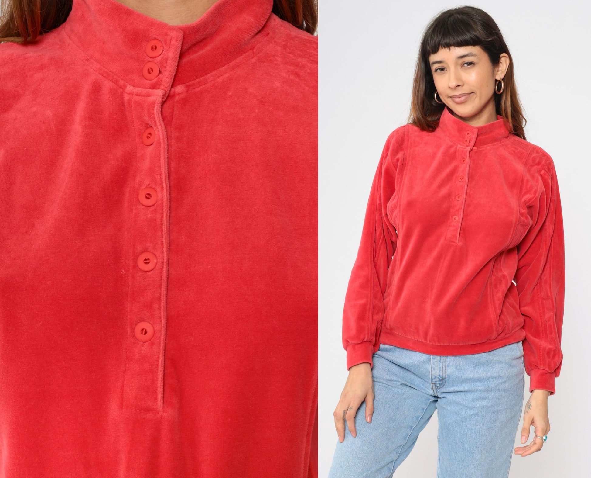 80s Red Velour Mock Neck Sweatshirt Button Front Pullover Medium M