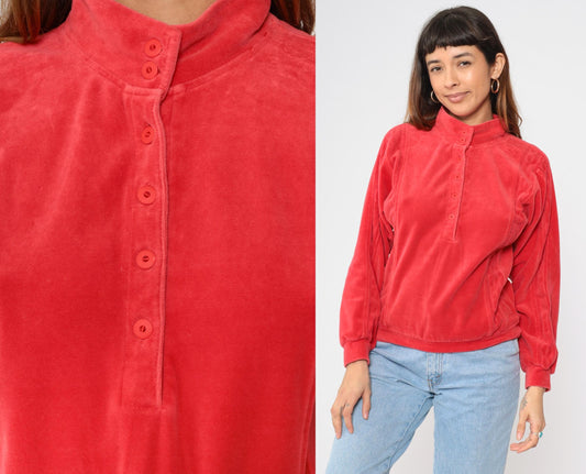 80s Red Velour Mock Neck Sweatshirt Button Front Pullover Medium M