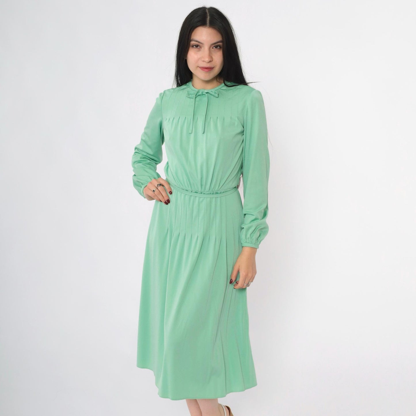 70s Mint Green Midi Dress Tie Neck Pin Tuck Long Sleeve Small