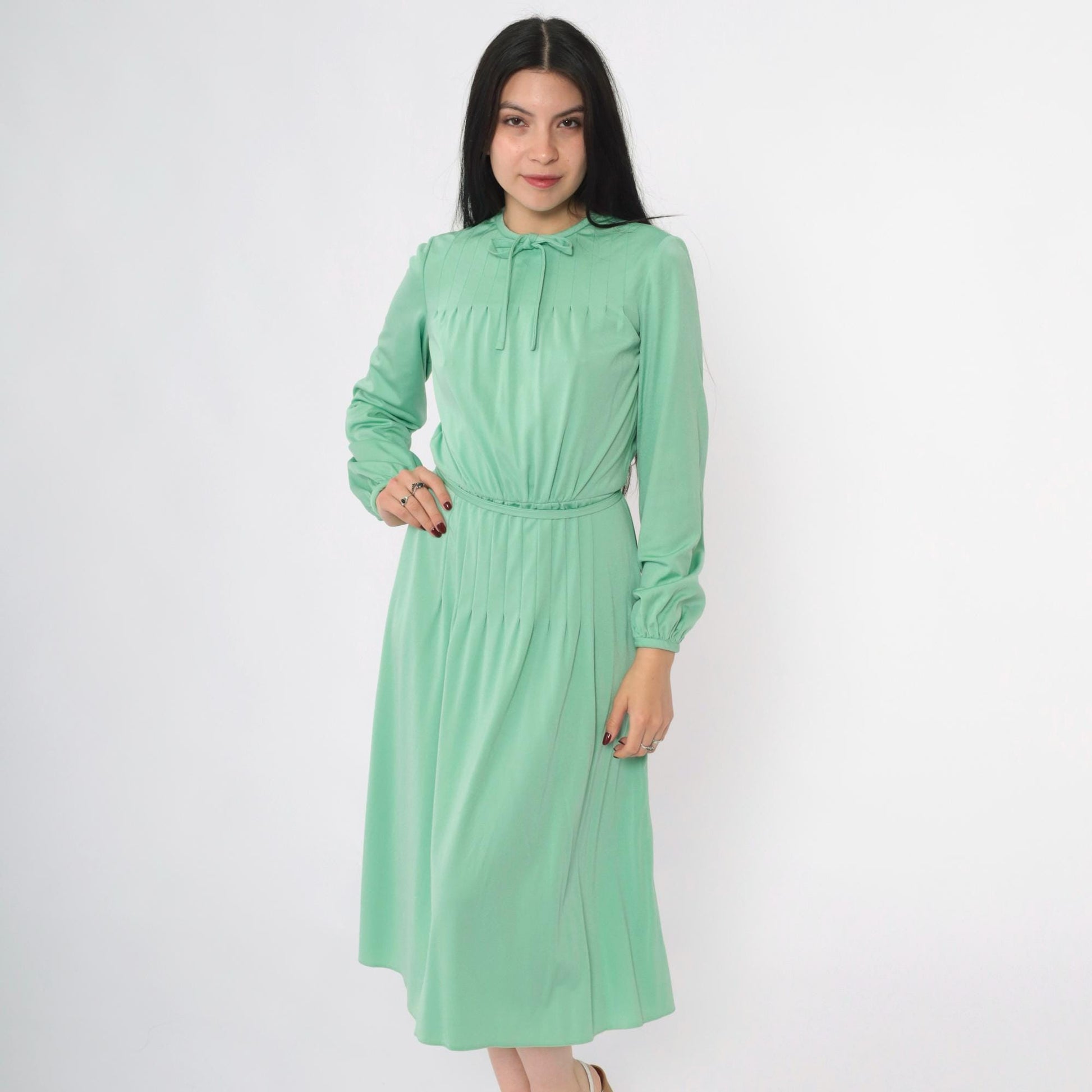 70s Mint Green Midi Dress Tie Neck Pin Tuck Long Sleeve Small