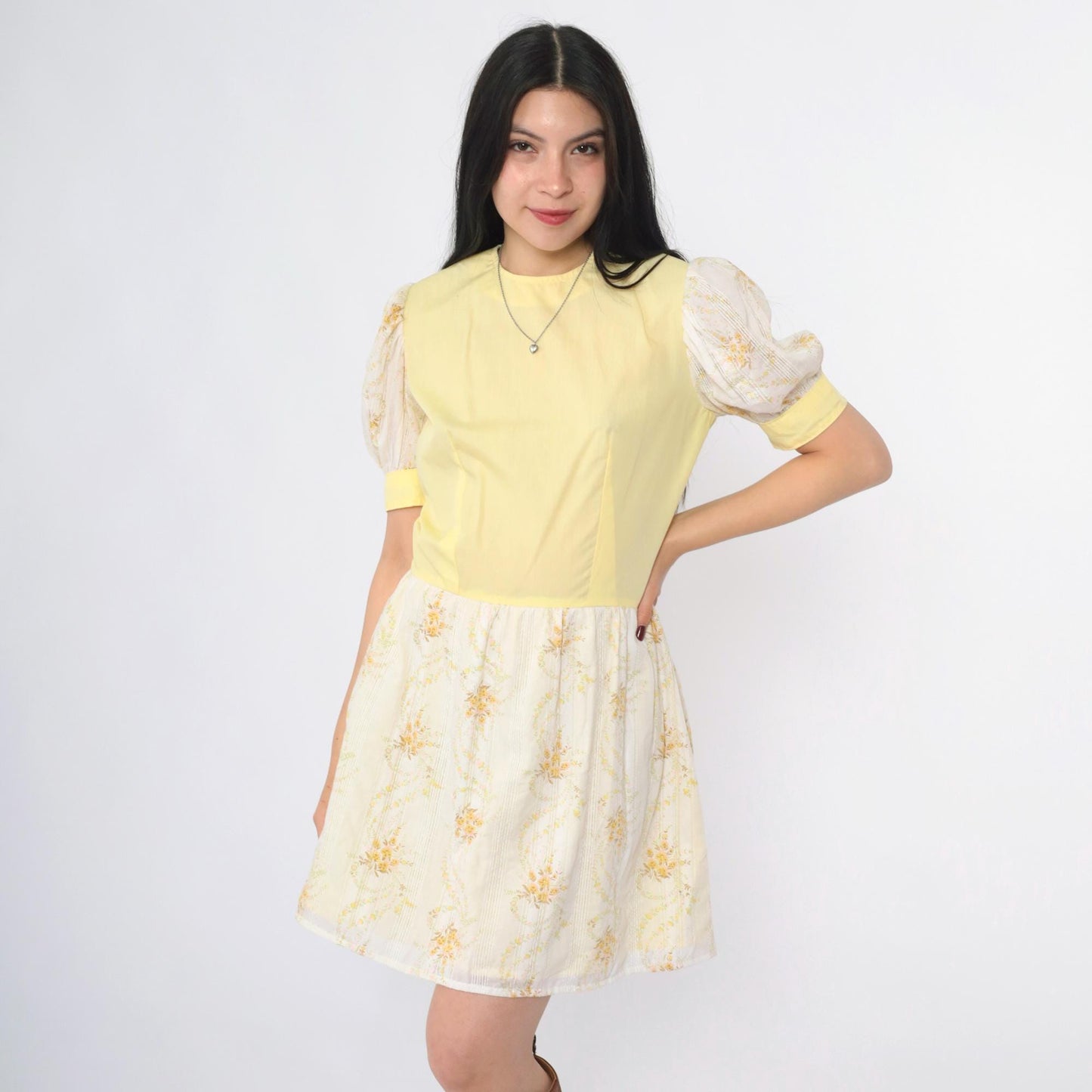 70s Puff Sleeve Floral Mini Dress Yellow White High Waist Small