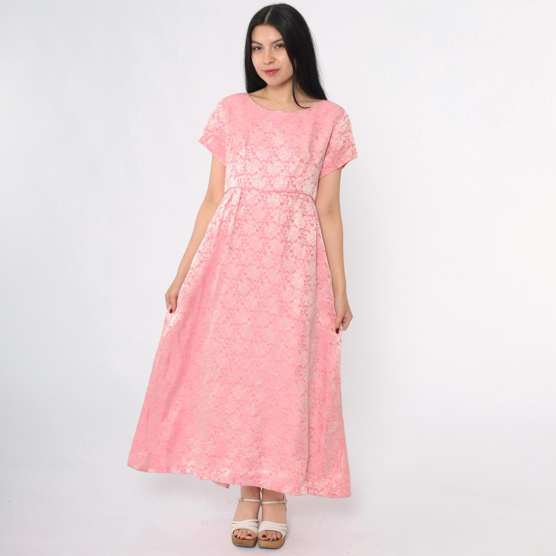 1960s Pink Floral Brocade Maxi Dress Bow Back High Waist Short Sleeve Medium