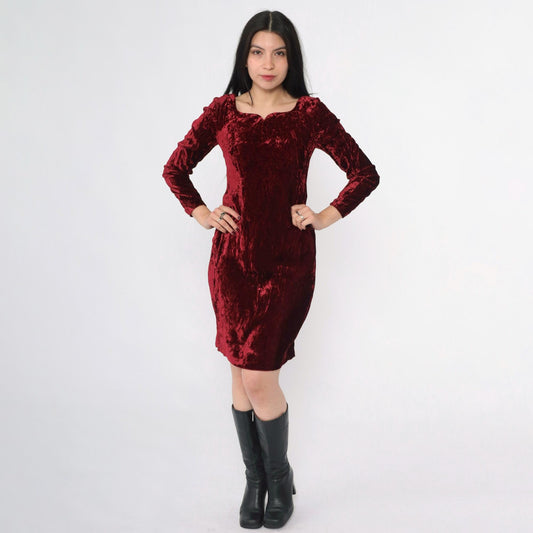 80s Burgundy Velvet Puff Sleeve Dress Sweetheart Neckline Mini Extra Small