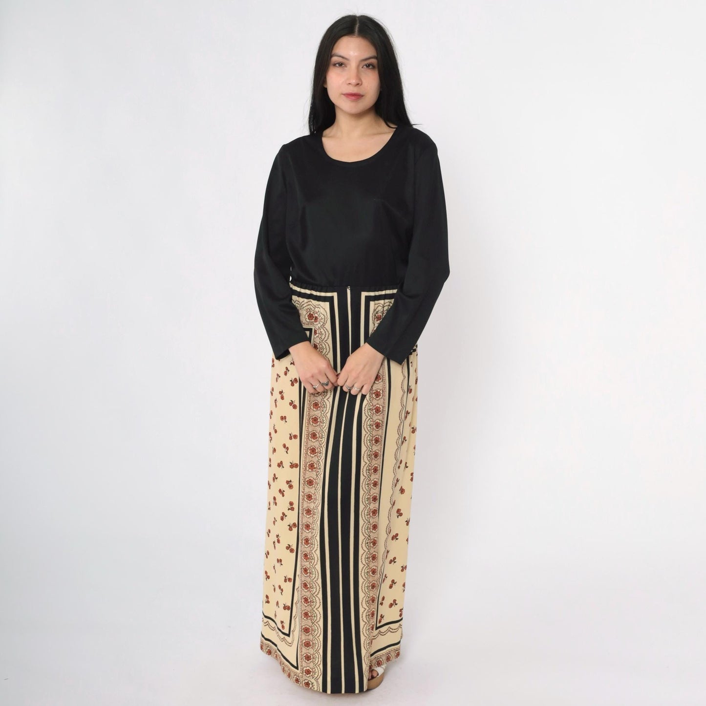 70s Lorac Original Floral Maxi Dress Black Scarf Print High Waist Long Sleeve Extra Large
