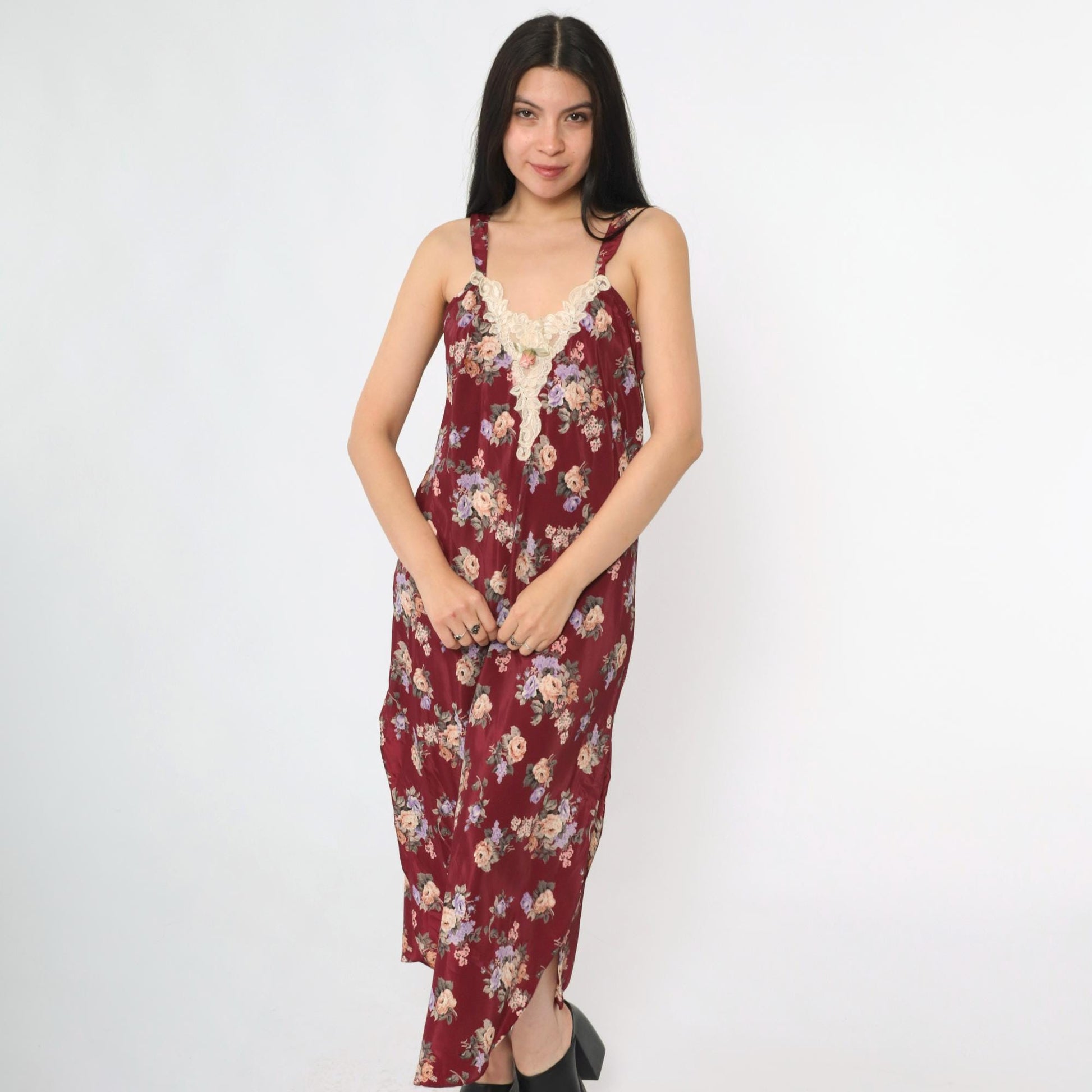 90s Burgundy Floral Satin Slip Dress Lace Trim Deep V Back Midi Medium