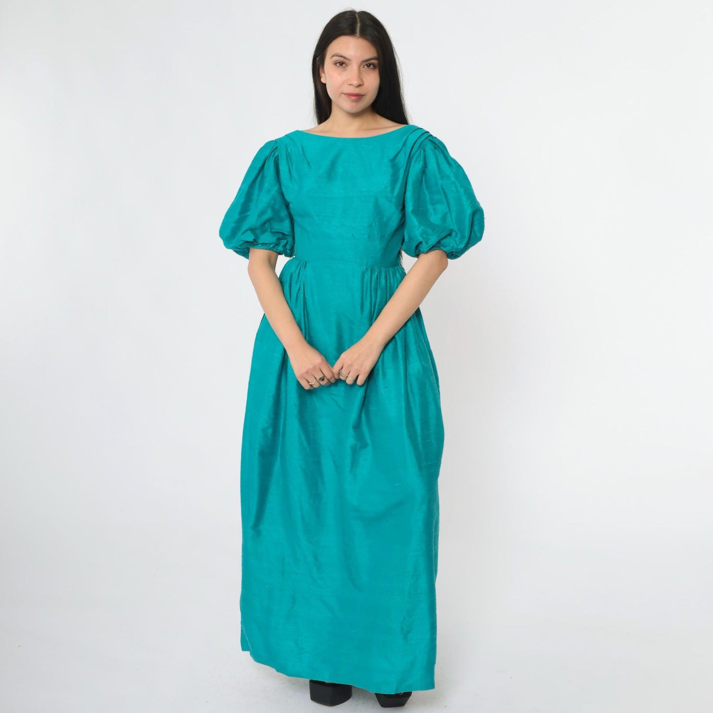80s House of Bianchi Teal Silk Puff Sleeve Maxi Gown Low Back Extra Small
