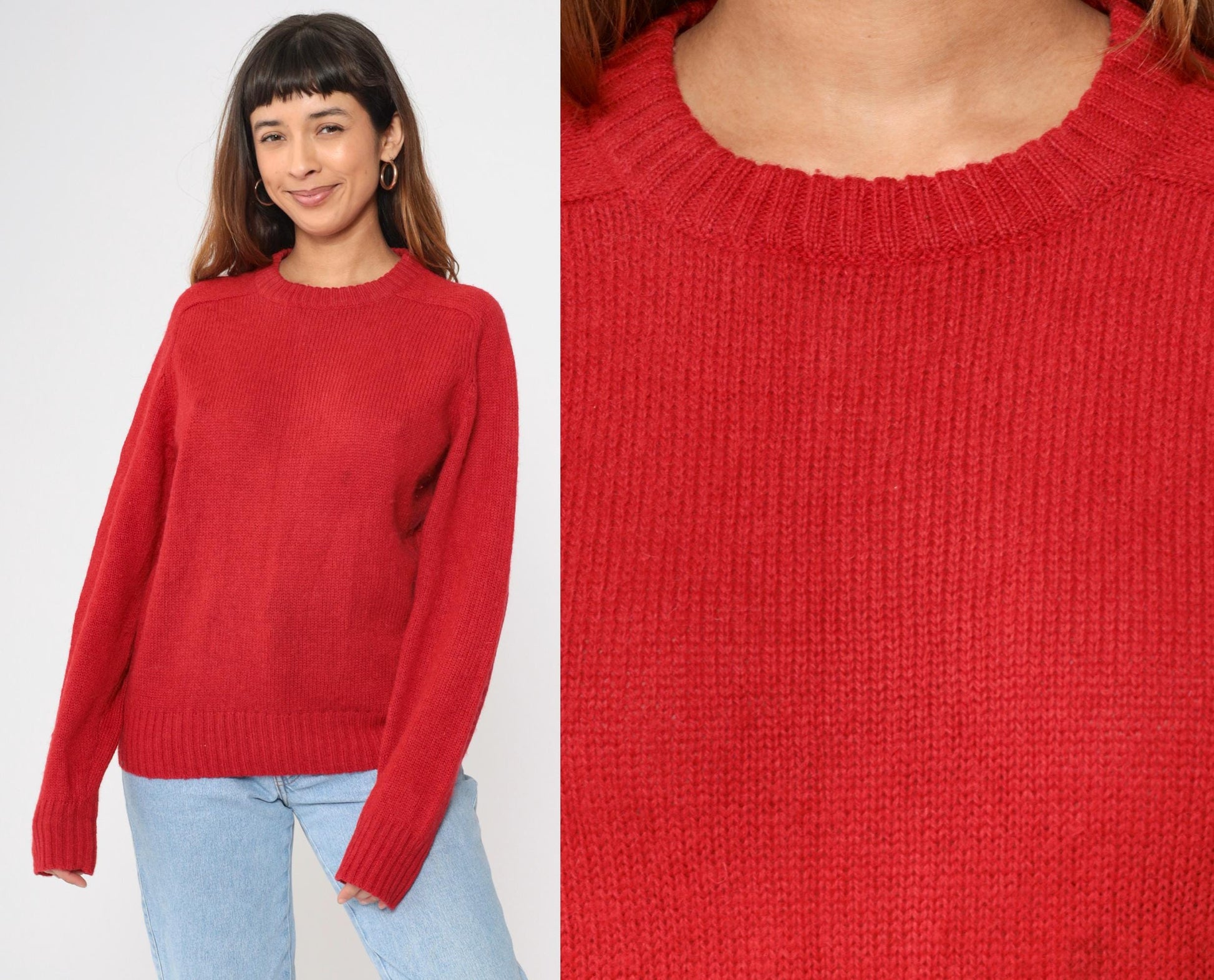 80s Red Wool Crewneck Sweater Plain Knit Pullover Medium M
