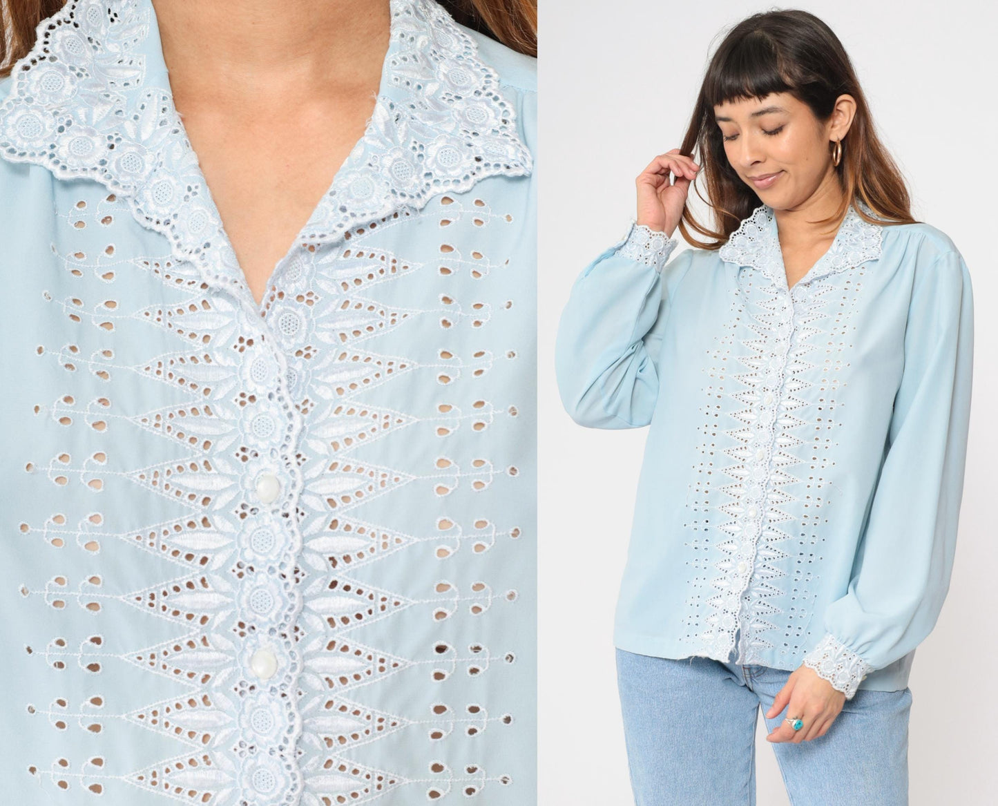 70s Baby Blue Floral Eyelet Lace Blouse Scalloped Collar Long Sleeve Large