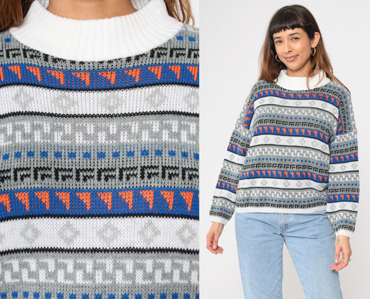 80s Geometric Striped Knit Sweater White Blue Mock Neck Pullover Medium