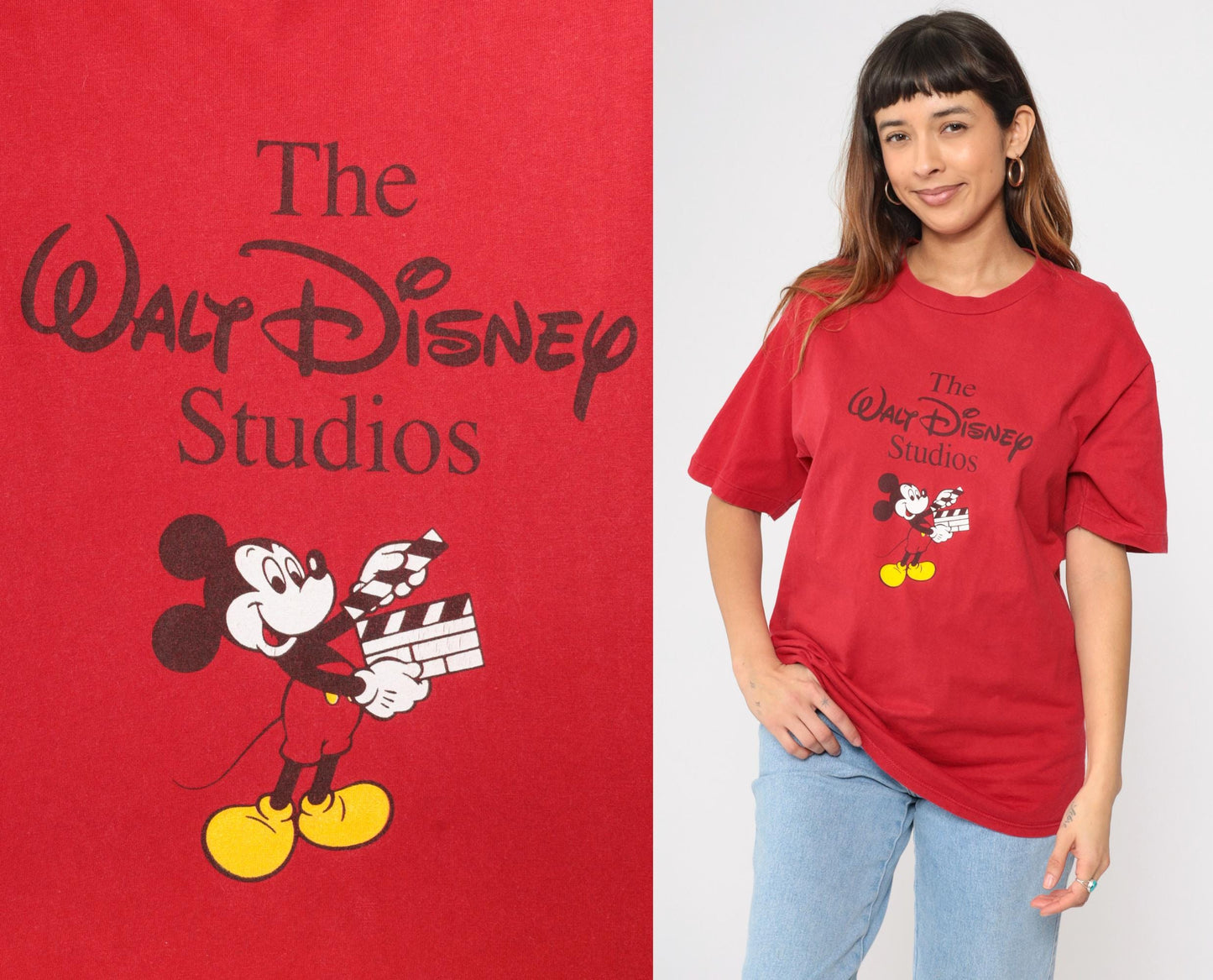 90s Mickey Mouse Disney Studios Graphic T-Shirt Red Cotton Medium
