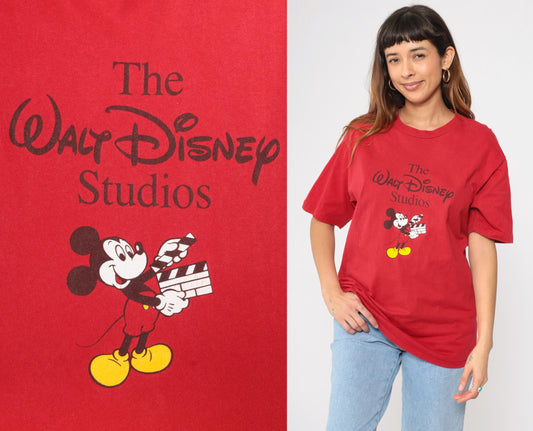 90s Mickey Mouse Disney Studios Graphic T-Shirt Red Cotton Medium