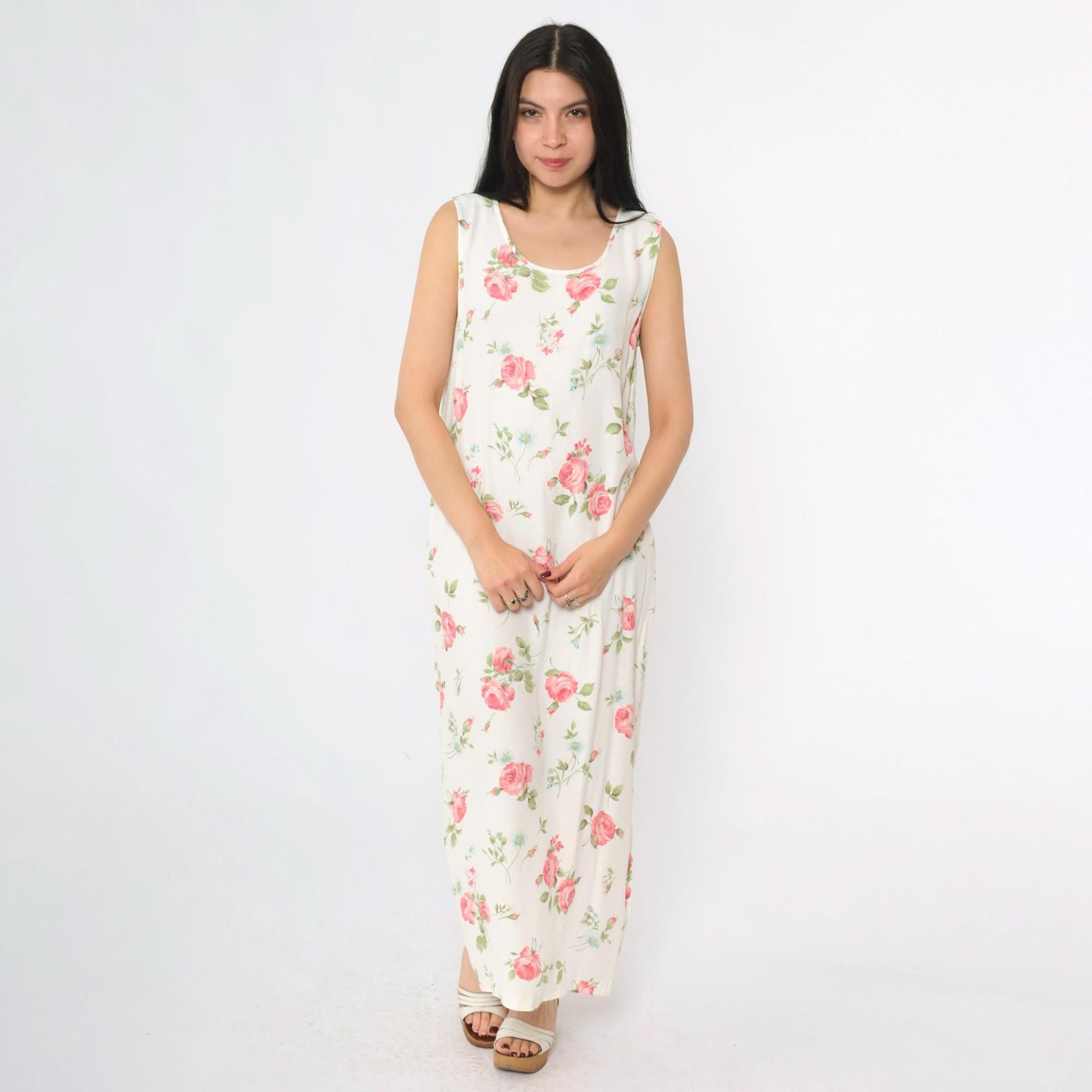 90s Pink Floral White Maxi Dress Sleeveless Scoop Neck Side Slit Medium